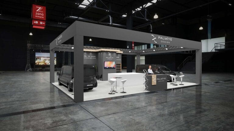 Palmiye Design Busworld standının araç, banko ve görüşme alanlarını gösteren 3D tasarımı