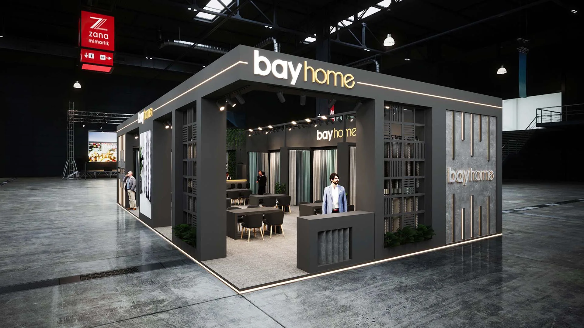 Bayhome HOMETEX 2024 fuar standı 3D tasarım yan cephesi