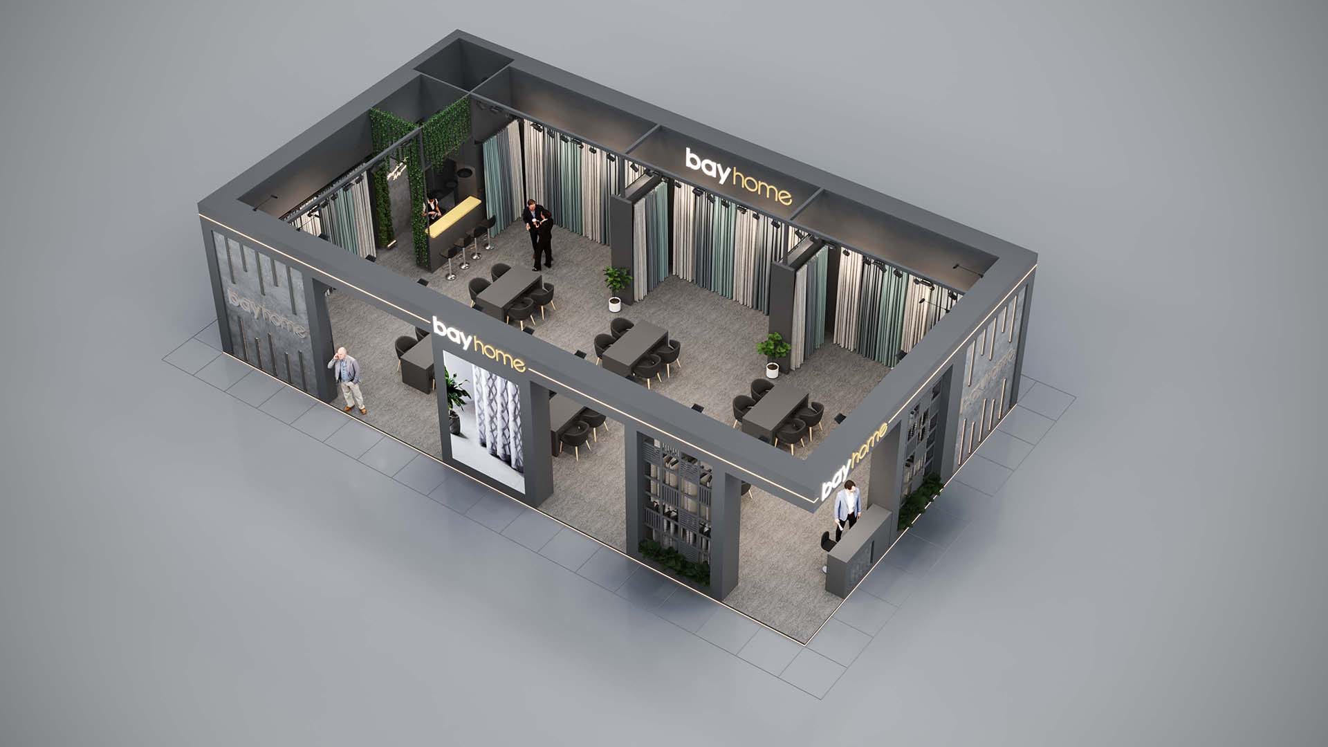 bayhome ahşap-boya fuar standı render hometex fuarı istanbul fuar merkezi perspektif açı