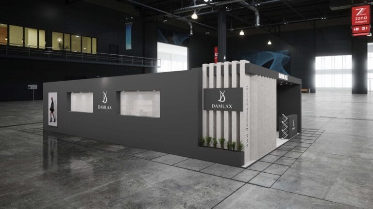 Damlax AYMOD Bahar 2024 stand tasarımı ön perspektif renderı