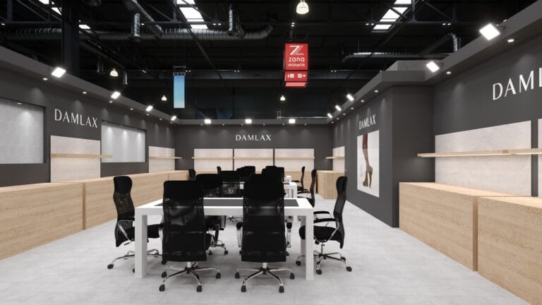 Damlax AYMOD Bahar 2024 fuar standı iç mekân renderı