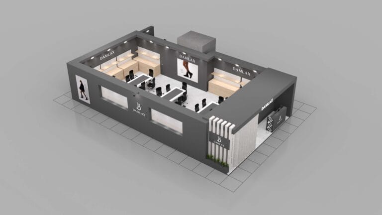 Damlax AYMOD Bahar 2024 standı üst yan perspektif renderı