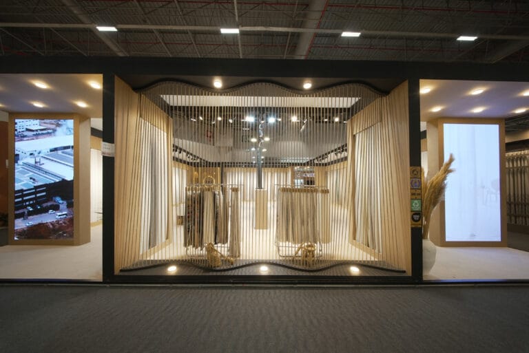 Herringbone CNC detail on the Bona Home wooden exhibition stand
