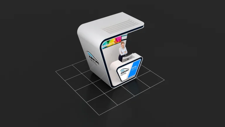 Airport Hotel welcome desk 3D design from the upper-left perspective