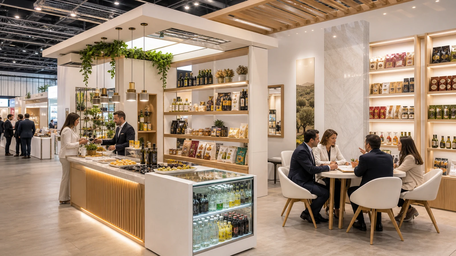 WorldFood İstanbul 2026 için tadım alanı, gıda ürünleri ve B2B görüşme masası bulunan fuar standı tasarımı