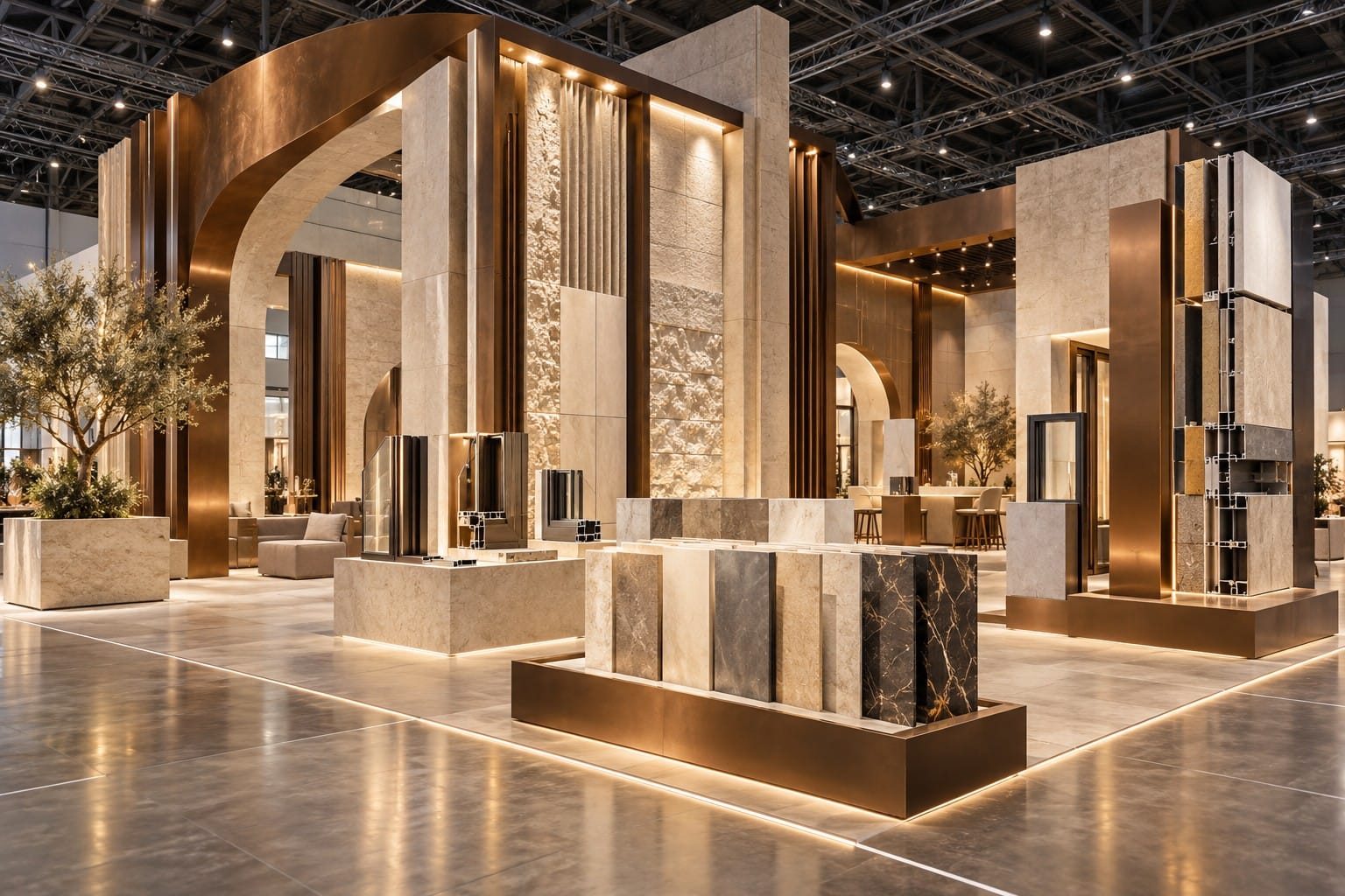 Yapı fuarı için taş, cephe ve pencere numuneleri sergileyen stand konsepti