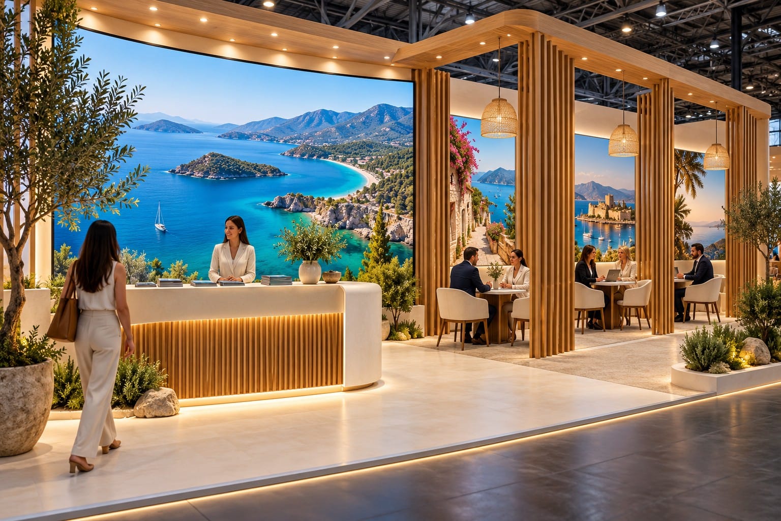 EMITT 2027 Fuar Standı: Turizm Markaları İçin 7 Adım 1 EMITT 2027 fuar standı planlaması için destinasyon ekranı ve B2B görüşme masalarını gösteren temsili turizm standı