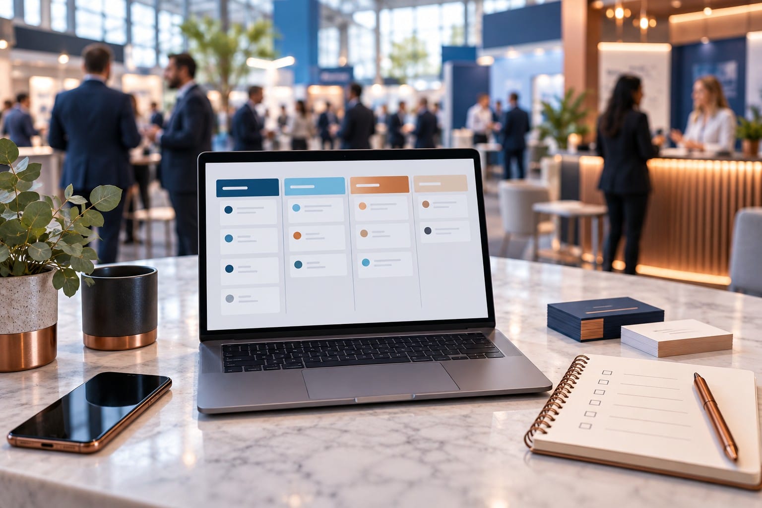 Post-trade-show follow-up workspace with a CRM dashboard and exhibition leads