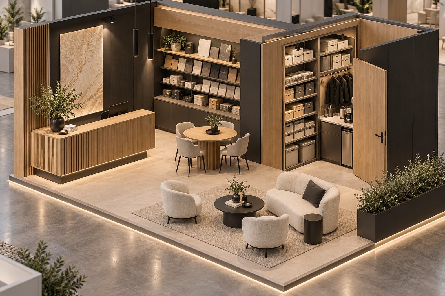 Fuar standı depo alanı içinde raflar, numune kutuları ve ayrı servis tezgâhı bulunan temsili tasarım