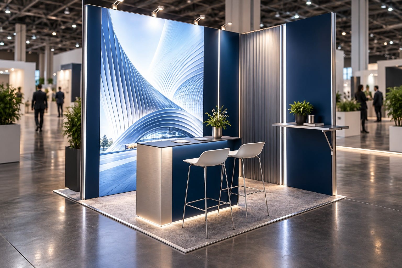 Compact blue exhibition stand with vertical product displays and an open meeting area